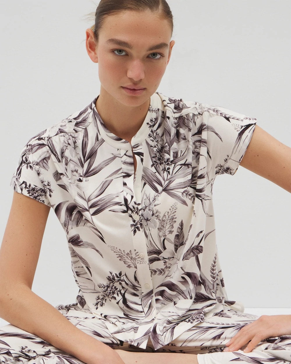 Short-Sleeve Button-Front Pajama Top - PALM PERFECT CHAMPAGNE | Soma sale