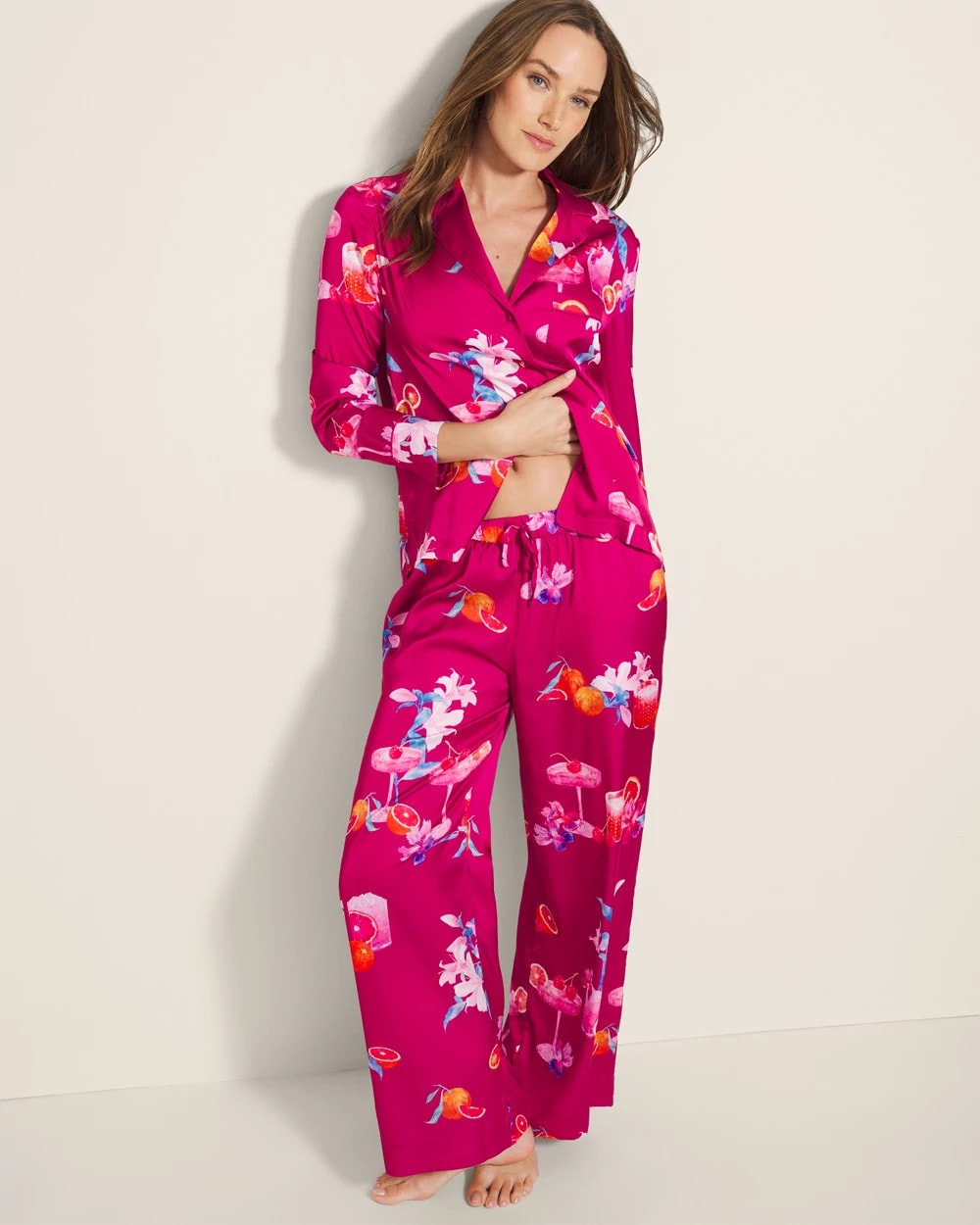 Long-Sleeve Notch Collar Pajama Top - ORANGE YOU GLAD PINK COSM | Soma Online