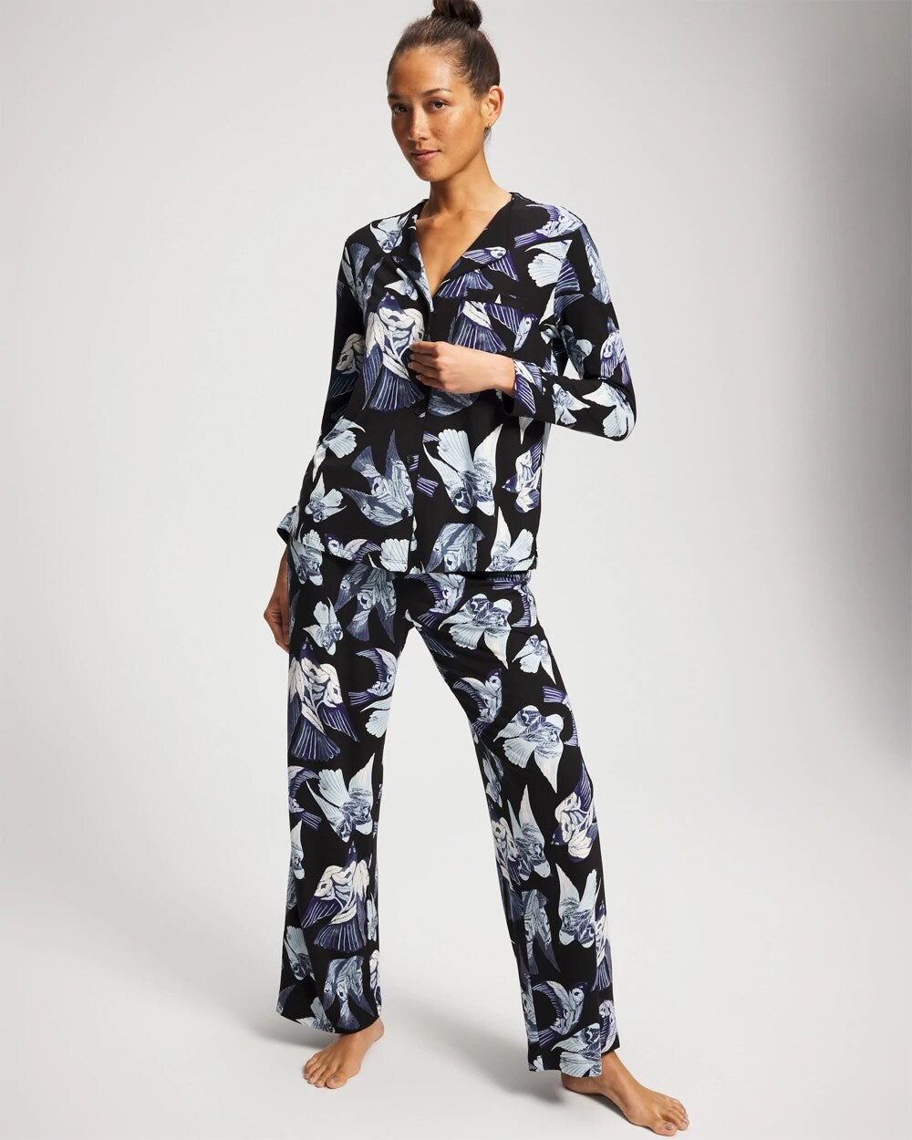 Piped Long-Sleeve Notch Pajama Top - WHIMSICAL WINGS BLK MID | Soma outlet