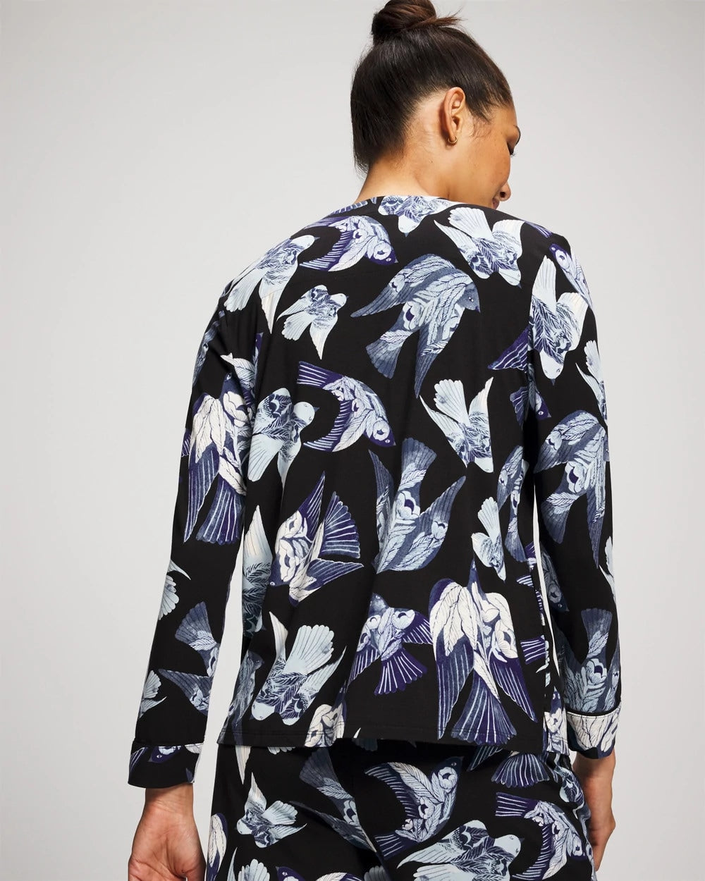 Piped Long-Sleeve Notch Pajama Top - WHIMSICAL WINGS BLK MID | Soma outlet
