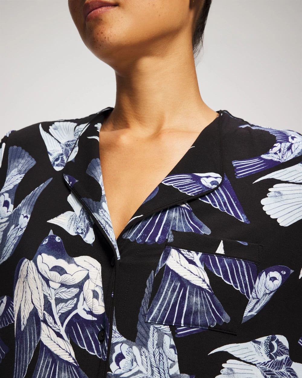 Piped Long-Sleeve Notch Pajama Top - WHIMSICAL WINGS BLK MID | Soma outlet