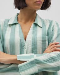 Cotton Gauze Long Sleeve Notch Collar Pajama Top - TEAL STRIPE | Soma on sale