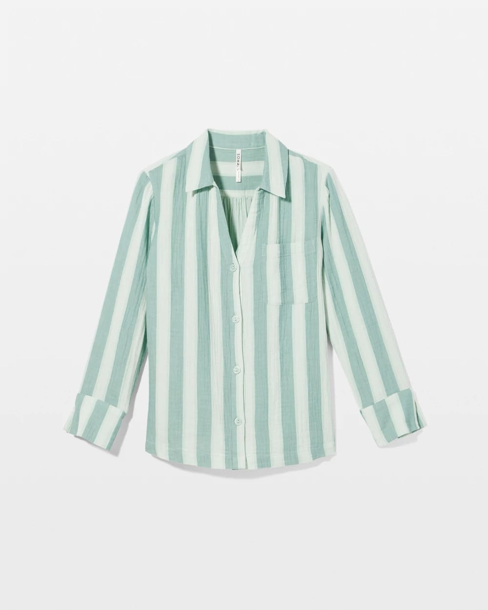 Cotton Gauze Long Sleeve Notch Collar Pajama Top - TEAL STRIPE | Soma on sale