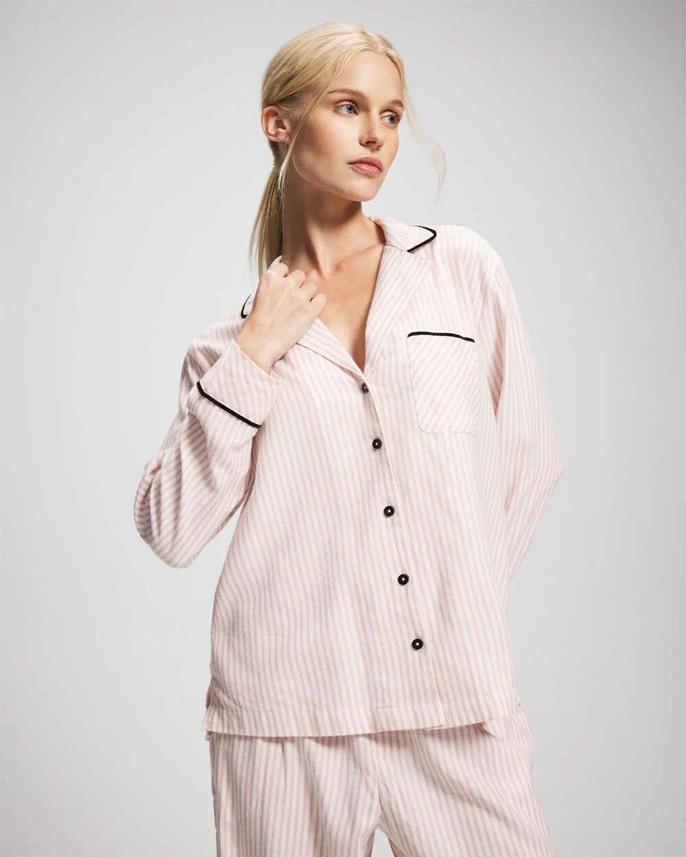 Long-Sleeve Notch Collar Pajama Top - STOCKING STRIPE VERT PINK | Soma near me