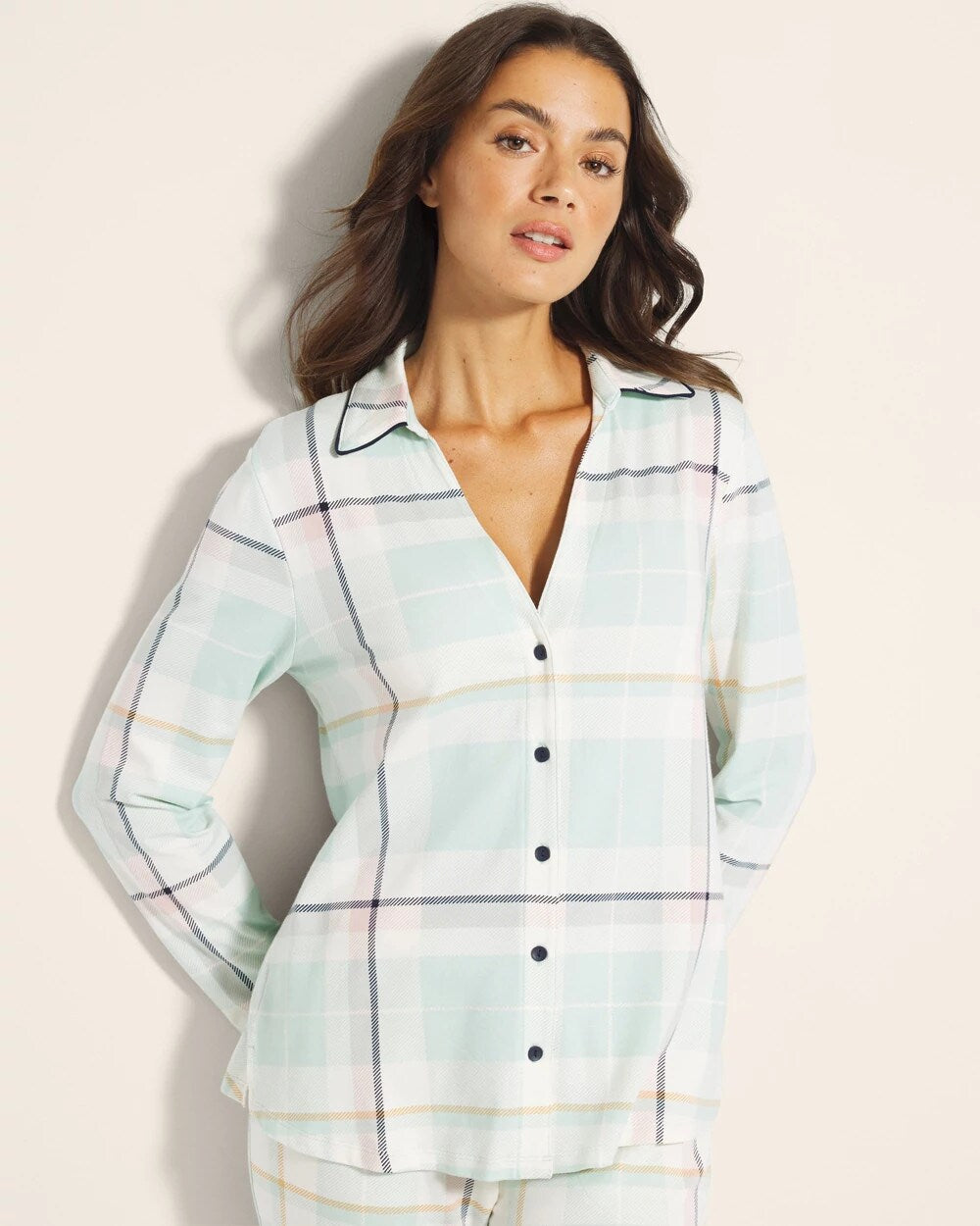 Long-Sleeve Notch Collar Pajama Top - SNUGGLE UP PLAID GREEN | Soma for sale