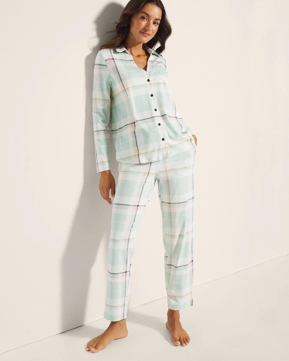 Long-Sleeve Notch Collar Pajama Top - SNUGGLE UP PLAID GREEN | Soma for sale