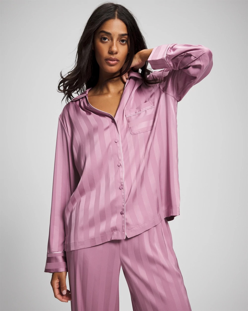 Shadow Stripe Long Sleeve Pajama Notch Collar Top - LILAC WINE | Soma on sale