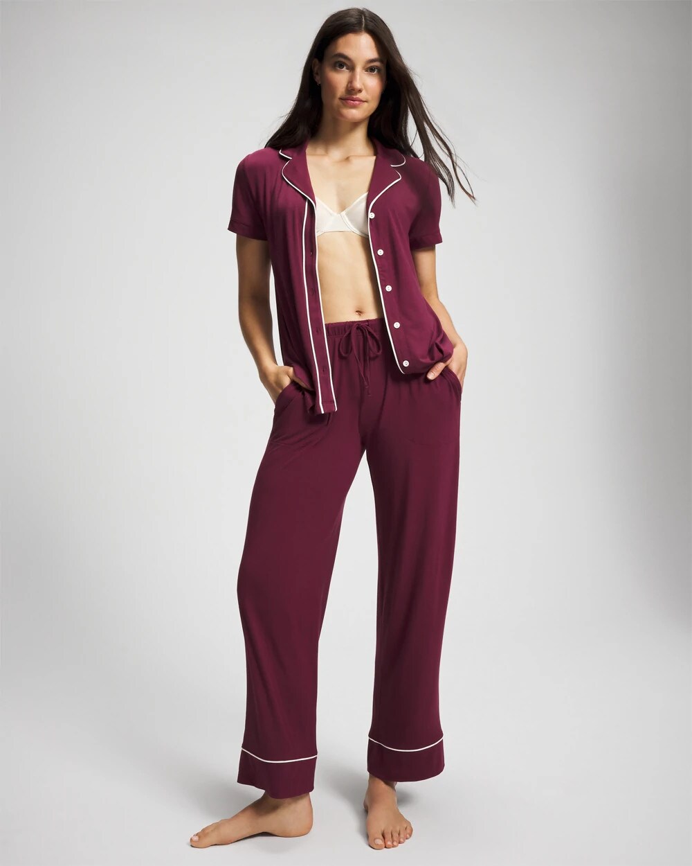 Solid Short Sleeve Notch Collar Pajama Top - VELVET PLUM | Soma sale