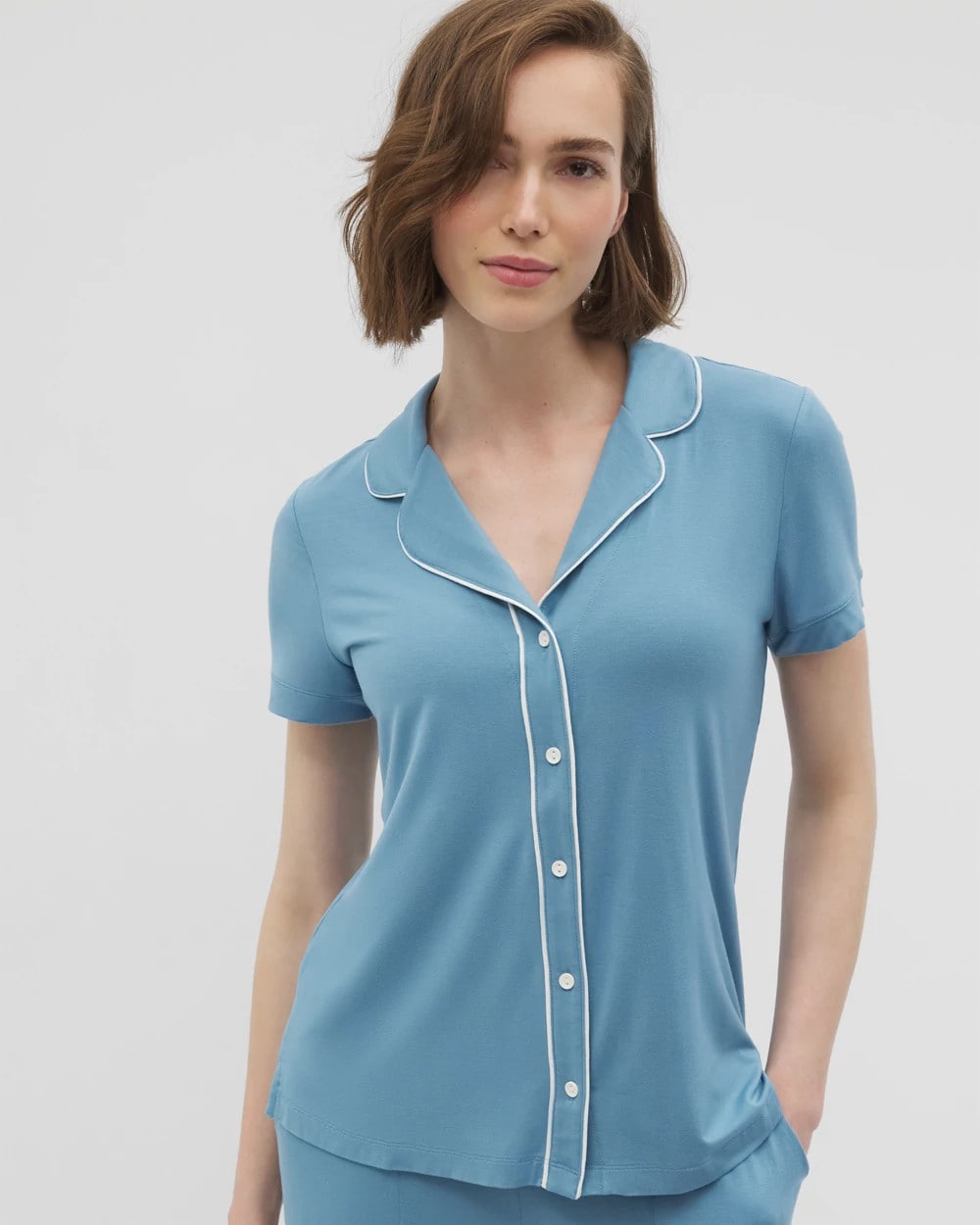Solid Short Sleeve Notch Collar Pajama Top - BLUE HEAVEN | Soma Online