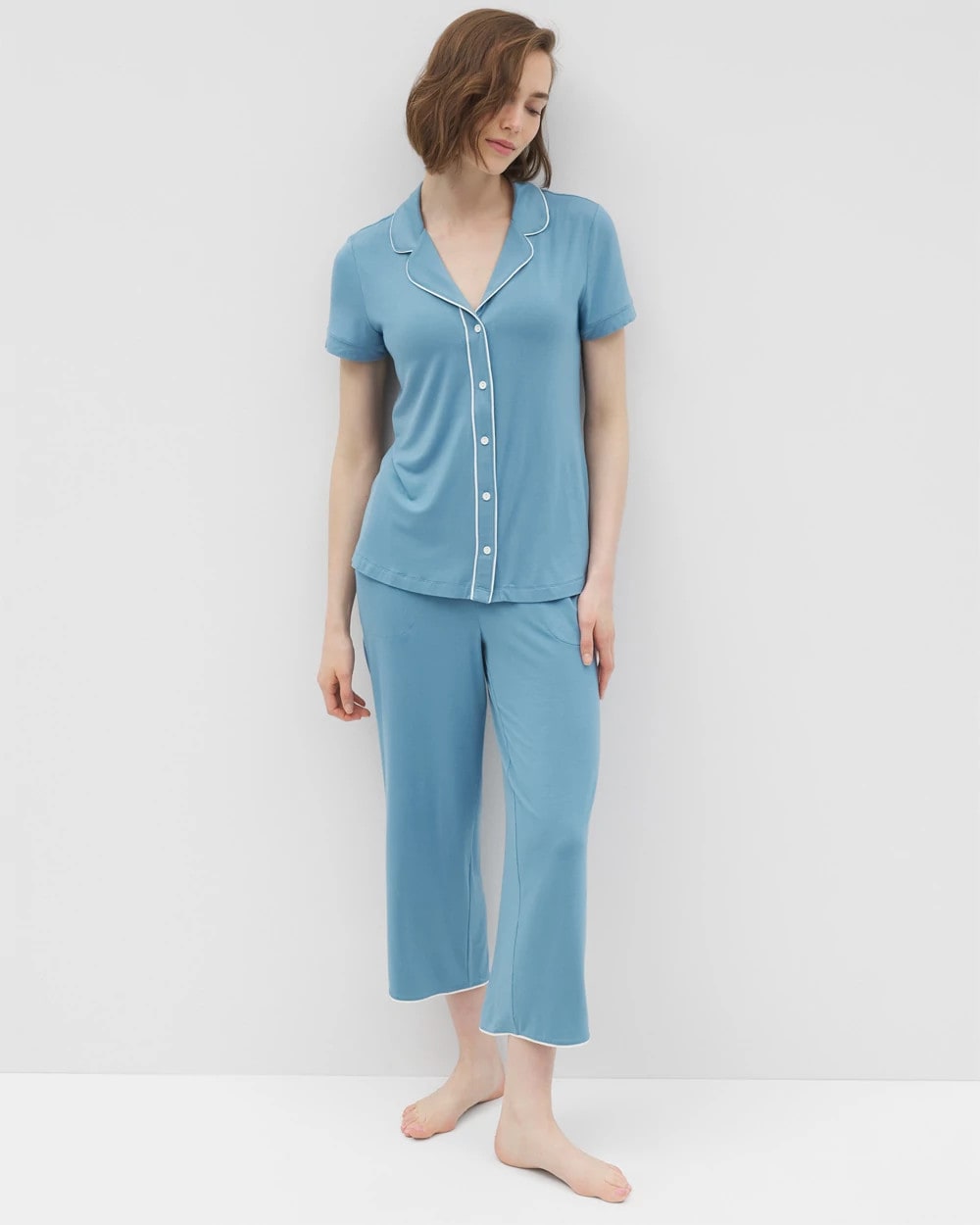 Solid Short Sleeve Notch Collar Pajama Top - BLUE HEAVEN | Soma Online