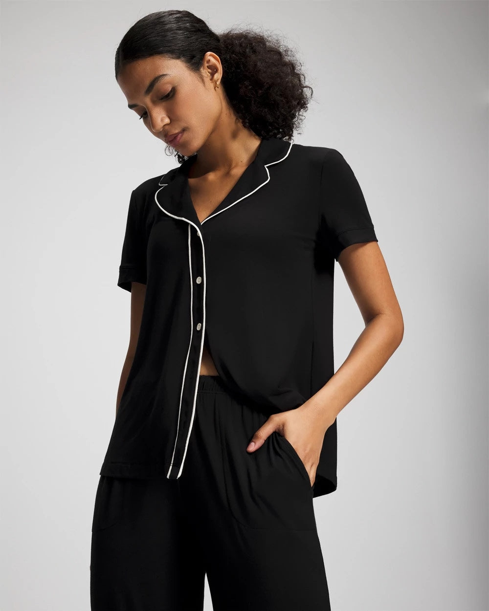 Solid Short Sleeve Notch Collar Pajama Top - BLACK | Soma on sale