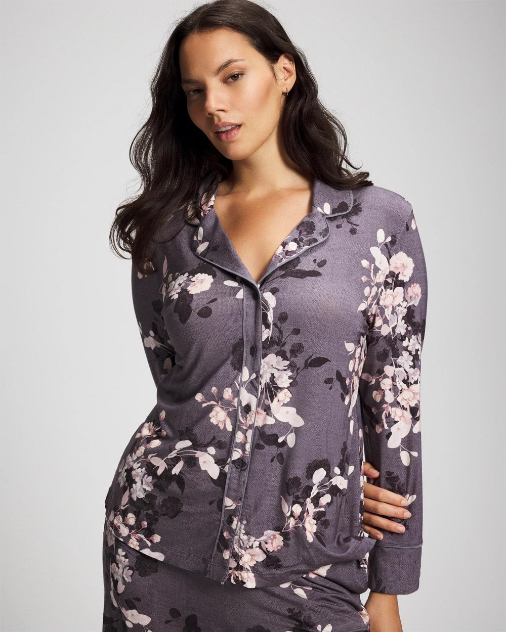 Long-Sleeve Printed Notch Collar Pajama Top - FLORAL DREAMS GRAY | Soma for sale