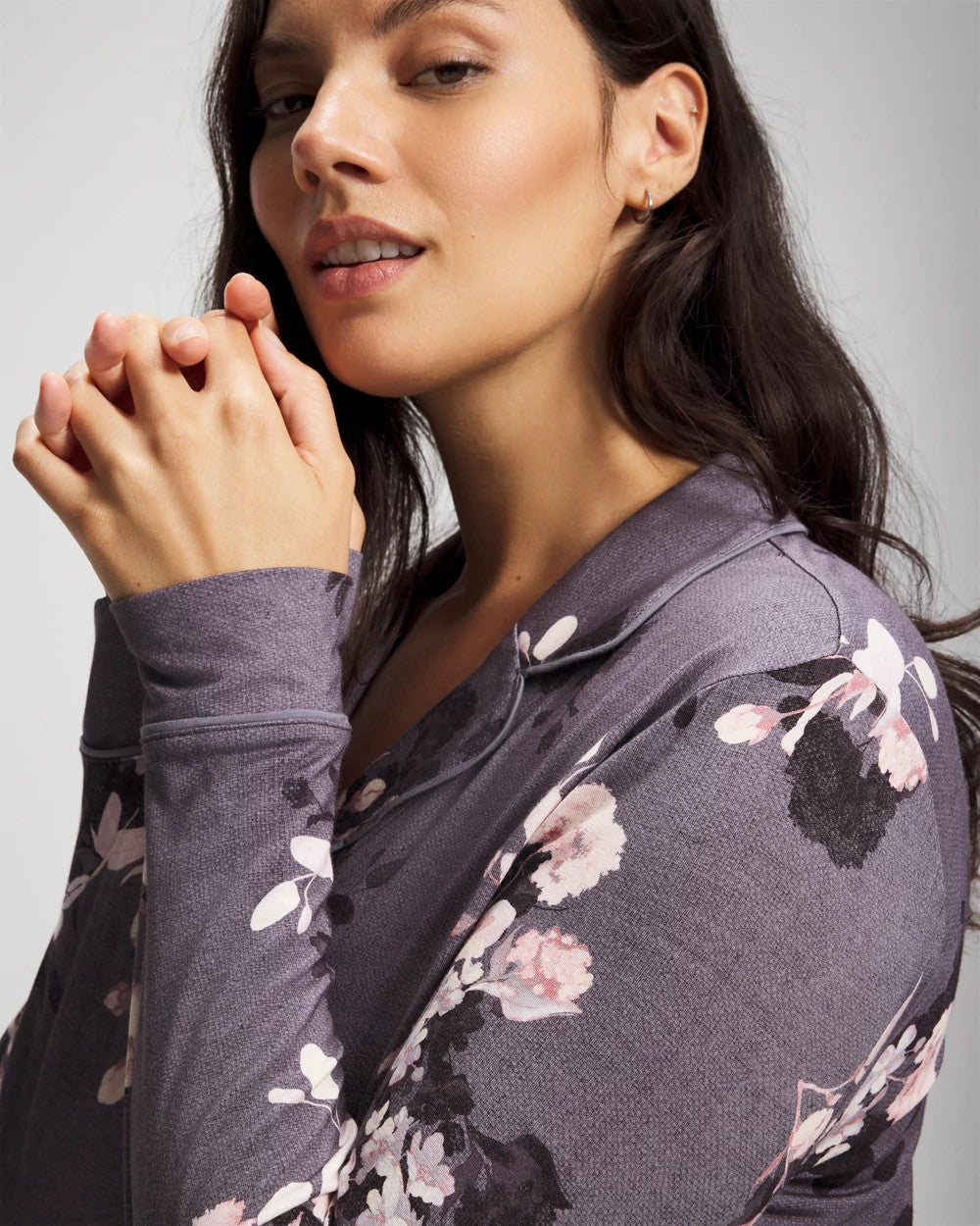 Long-Sleeve Printed Notch Collar Pajama Top - FLORAL DREAMS GRAY | Soma for sale