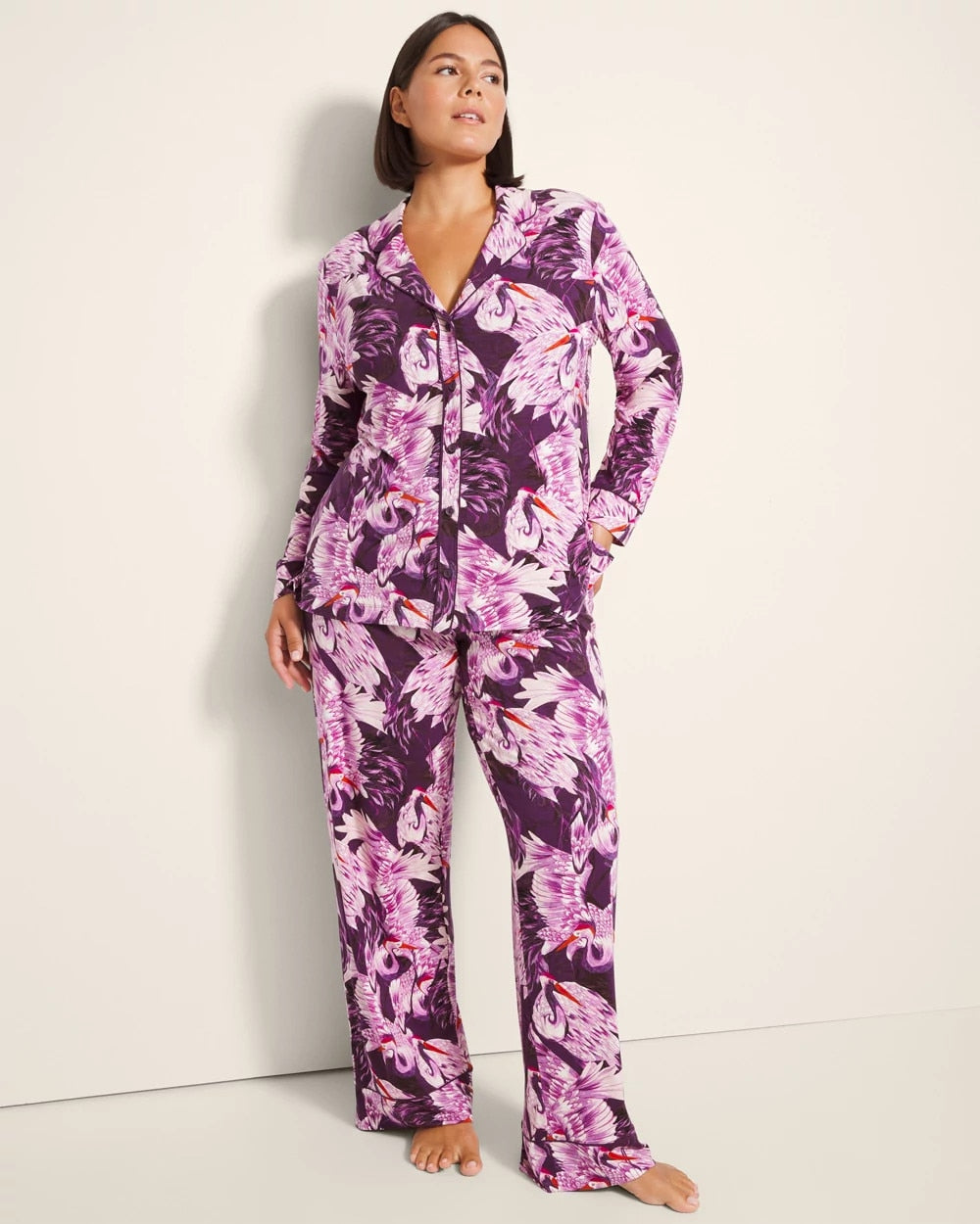 Long-Sleeve Printed Notch Collar Pajama Top - COURTING CRANES BLKBRY | Soma on sale