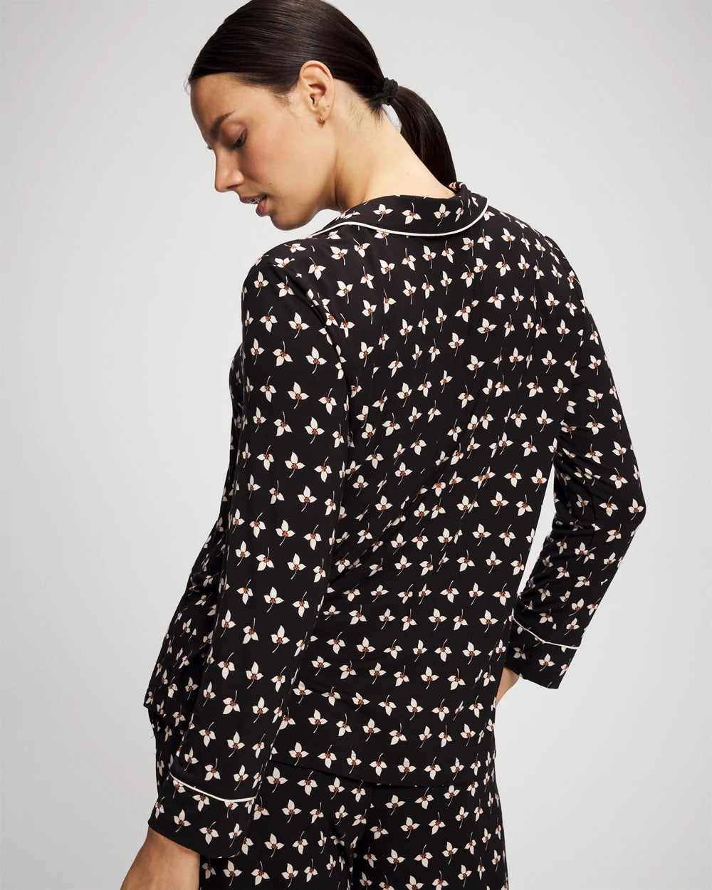 Long-Sleeve Printed Notch Collar Pajama Top - PEACEFUL PETALS BLACK | Soma sale