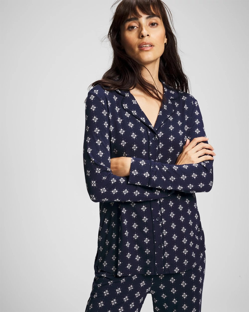 Long-Sleeve Printed Notch Collar Pajama Top - BELLE FOULARD NAVY | Soma Online