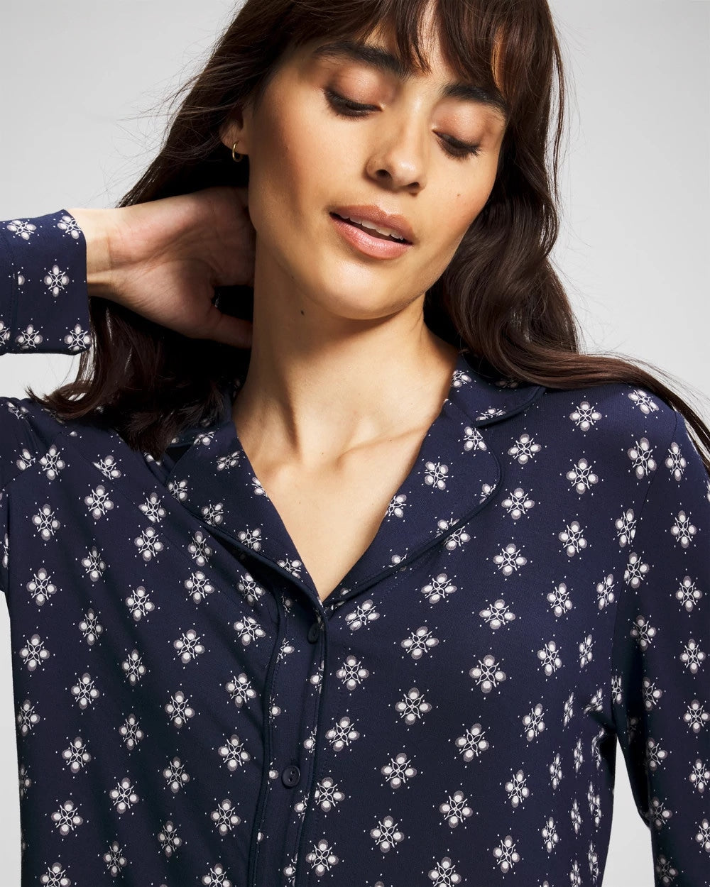 Long-Sleeve Printed Notch Collar Pajama Top - BELLE FOULARD NAVY | Soma Online
