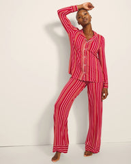 Long-Sleeve Printed Notch Collar Pajama Top - ASPEN STRIPE RED | Soma outlet