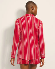 Long-Sleeve Printed Notch Collar Pajama Top - ASPEN STRIPE RED | Soma outlet