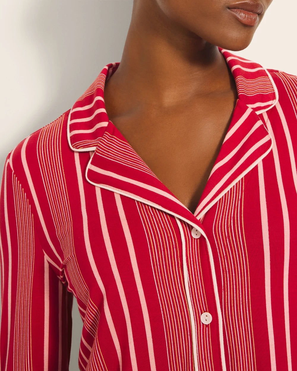 Long-Sleeve Printed Notch Collar Pajama Top - ASPEN STRIPE RED | Soma outlet