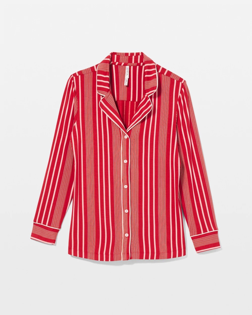 Long-Sleeve Printed Notch Collar Pajama Top - ASPEN STRIPE RED | Soma outlet