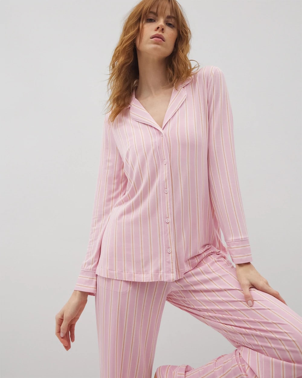 Long-Sleeve Printed Notch Collar Pajama Top - BLISS STRIPE LAVENDER | Soma near me