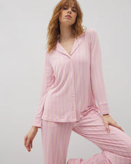 Long-Sleeve Printed Notch Collar Pajama Top - BLISS STRIPE LAVENDER | Soma near me