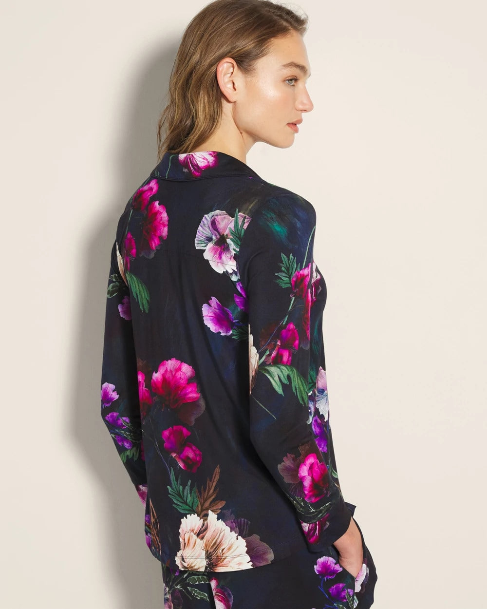 Long-Sleeve Printed Notch Collar Pajama Top - FLEUR EVER DRAMA NAVY | Soma sale