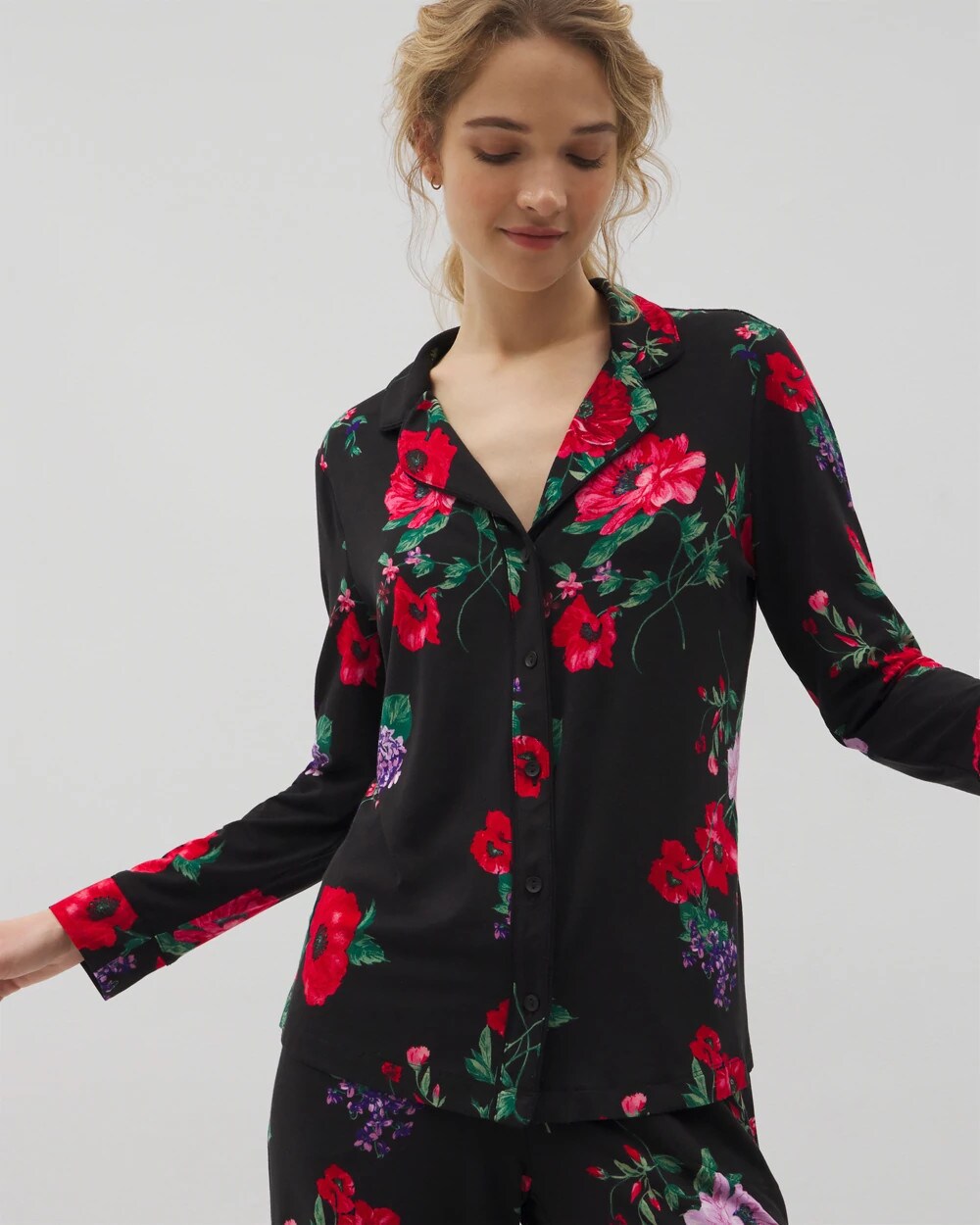 Long-Sleeve Printed Notch Collar Pajama Top - RHAPSODY FLORA BLACK | Soma Online