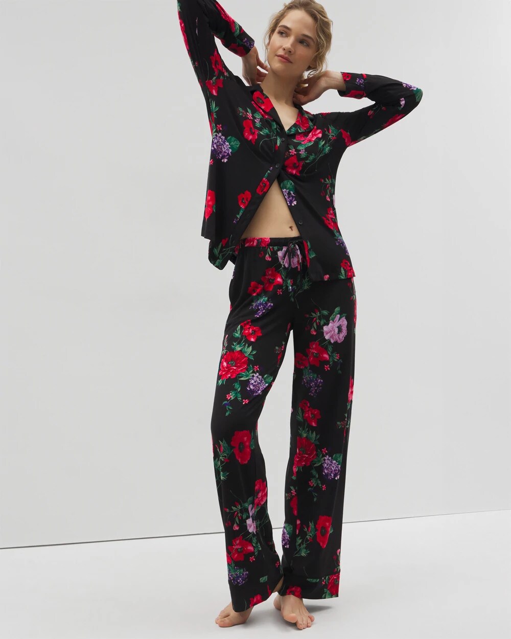 Long-Sleeve Printed Notch Collar Pajama Top - RHAPSODY FLORA BLACK | Soma Online