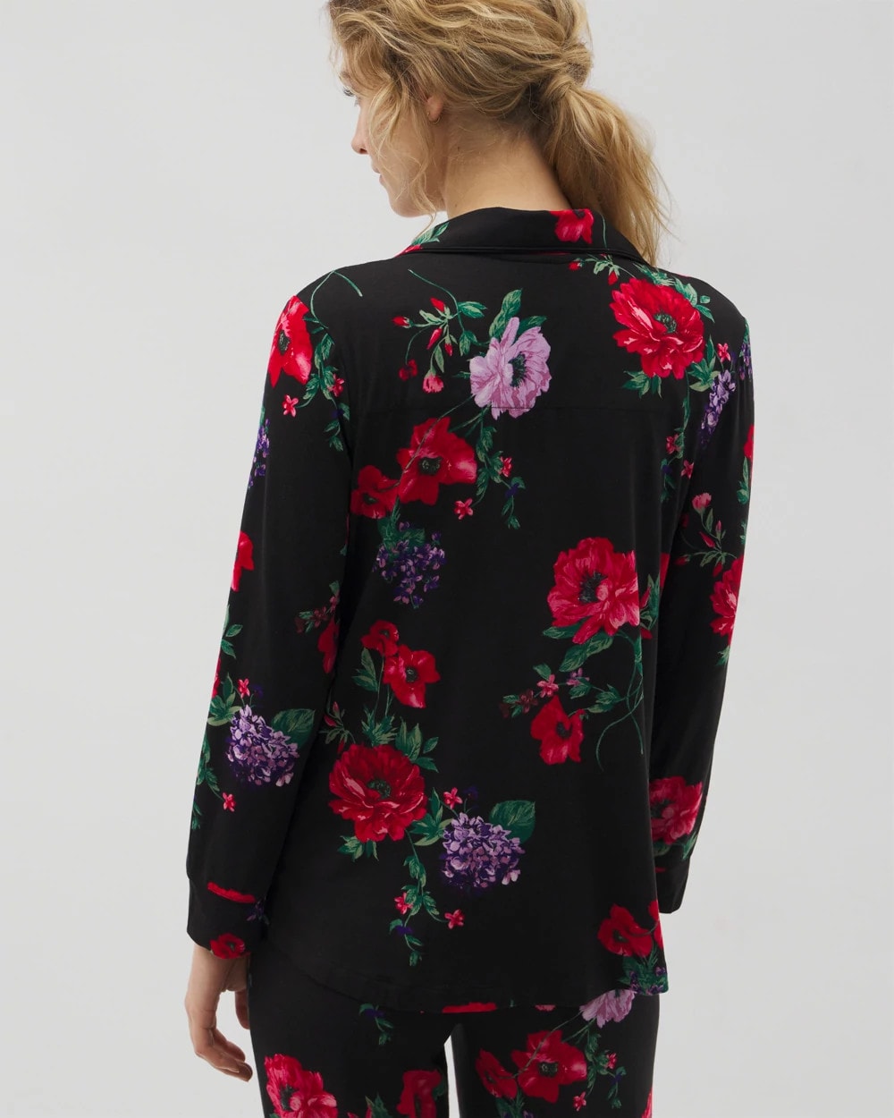 Long-Sleeve Printed Notch Collar Pajama Top - RHAPSODY FLORA BLACK | Soma Online