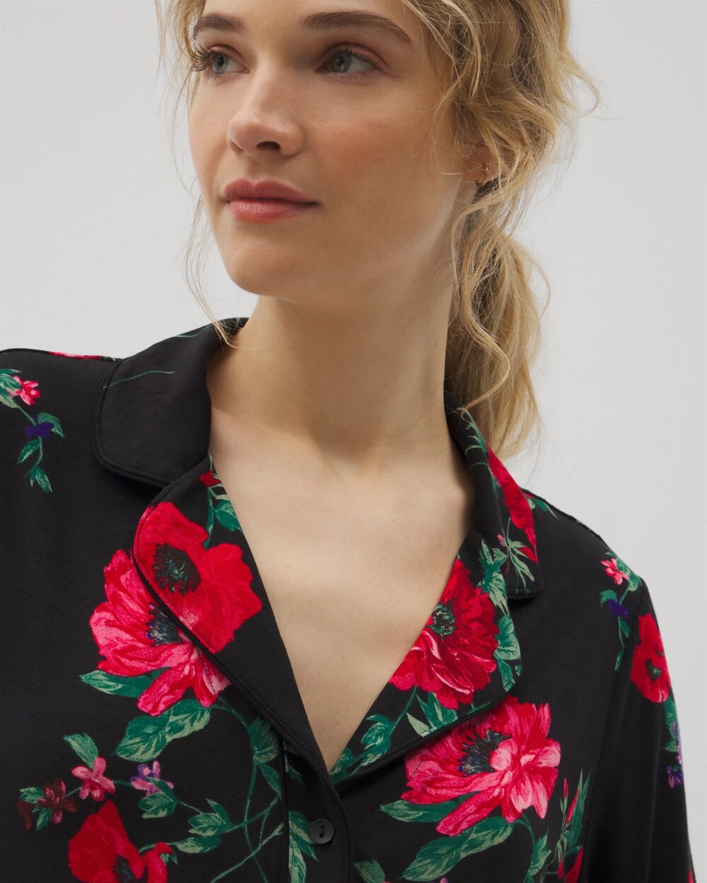 Long-Sleeve Printed Notch Collar Pajama Top - RHAPSODY FLORA BLACK | Soma Online
