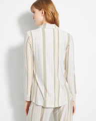 Long-Sleeve Printed Notch Collar Pajama Top - SUMMIT STRIPE CHAMPAGNE | Soma for sale
