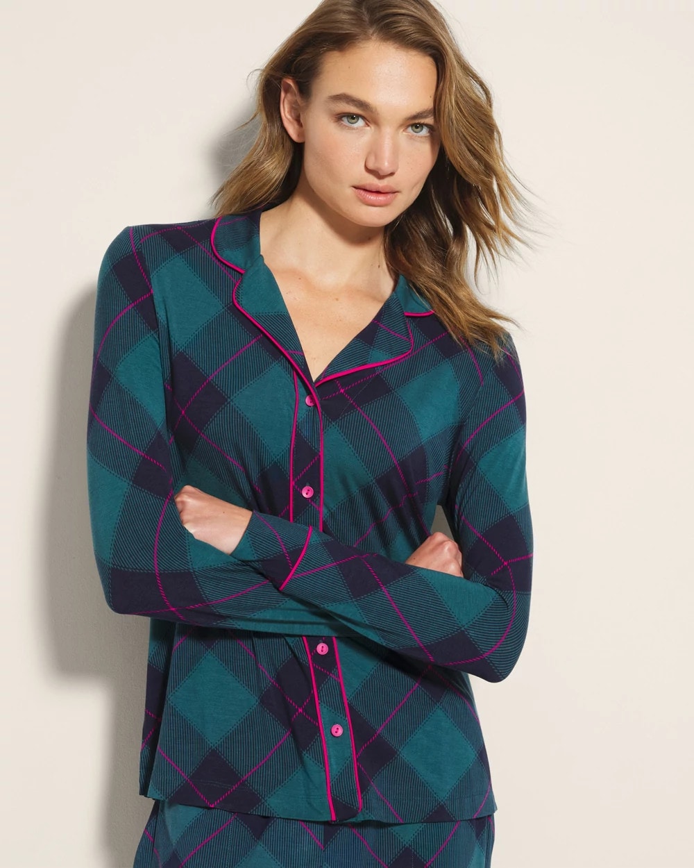 Long-Sleeve Printed Notch Collar Pajama Top - BUNDLE UP PLAID BIAS TEAL | Soma on sale