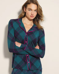 Long-Sleeve Printed Notch Collar Pajama Top - BUNDLE UP PLAID BIAS TEAL | Soma on sale