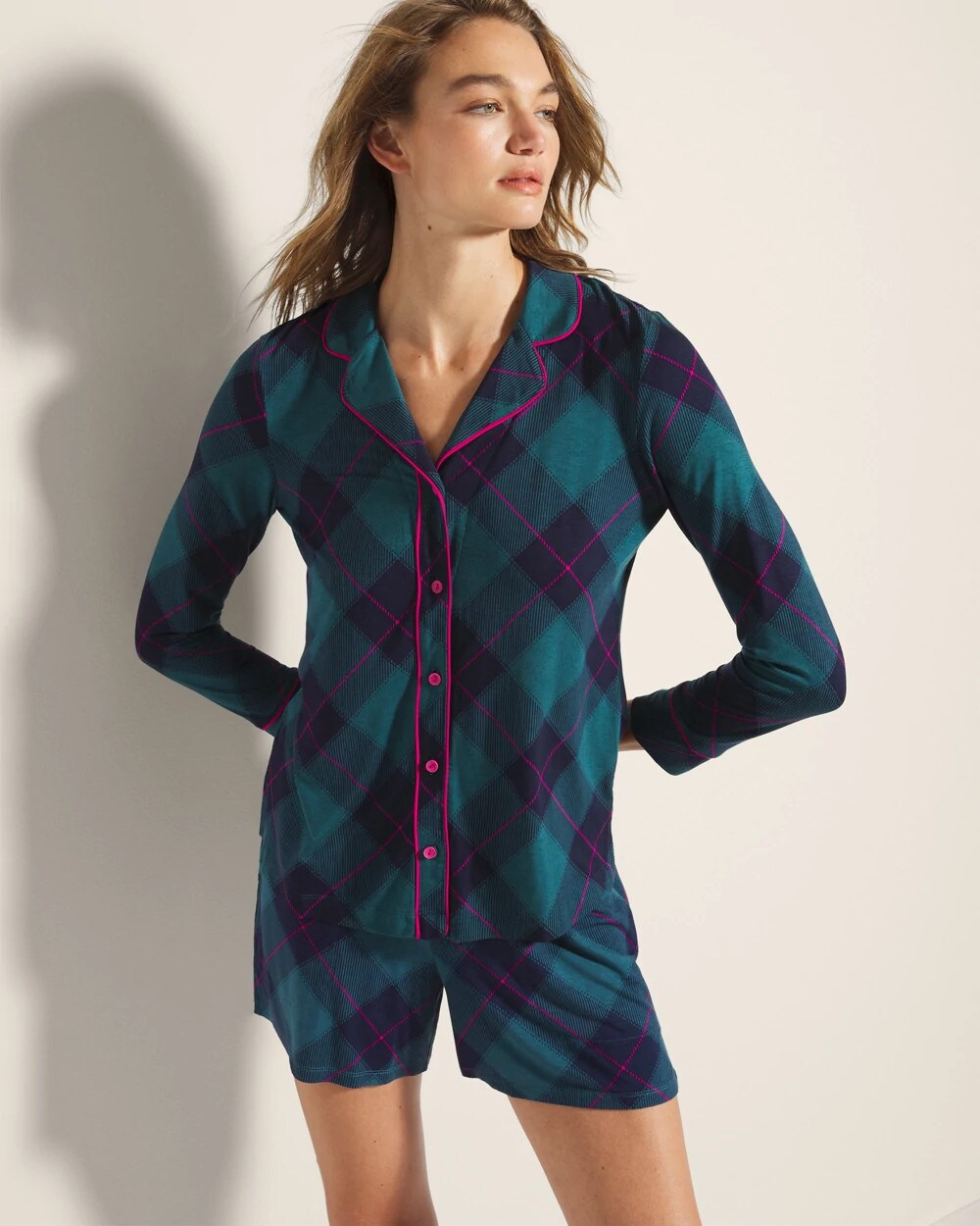 Long-Sleeve Printed Notch Collar Pajama Top - BUNDLE UP PLAID BIAS TEAL | Soma on sale