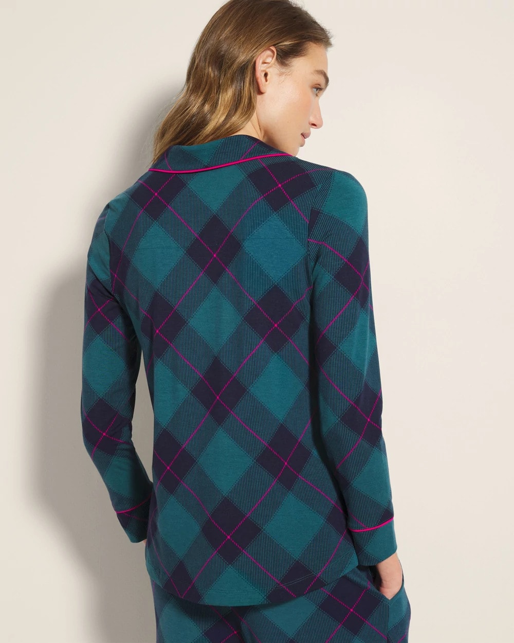 Long-Sleeve Printed Notch Collar Pajama Top - BUNDLE UP PLAID BIAS TEAL | Soma on sale