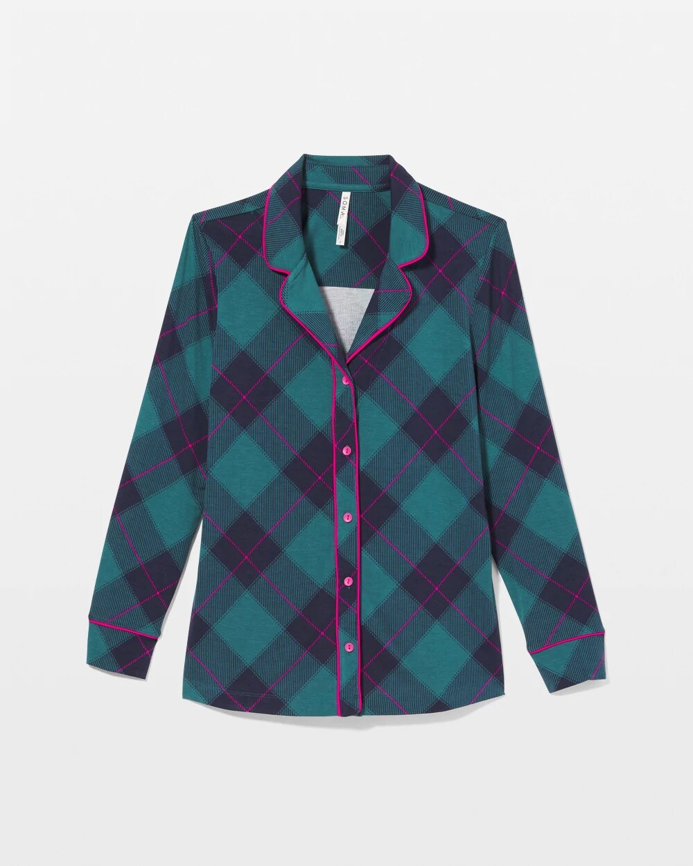 Long-Sleeve Printed Notch Collar Pajama Top - BUNDLE UP PLAID BIAS TEAL | Soma on sale