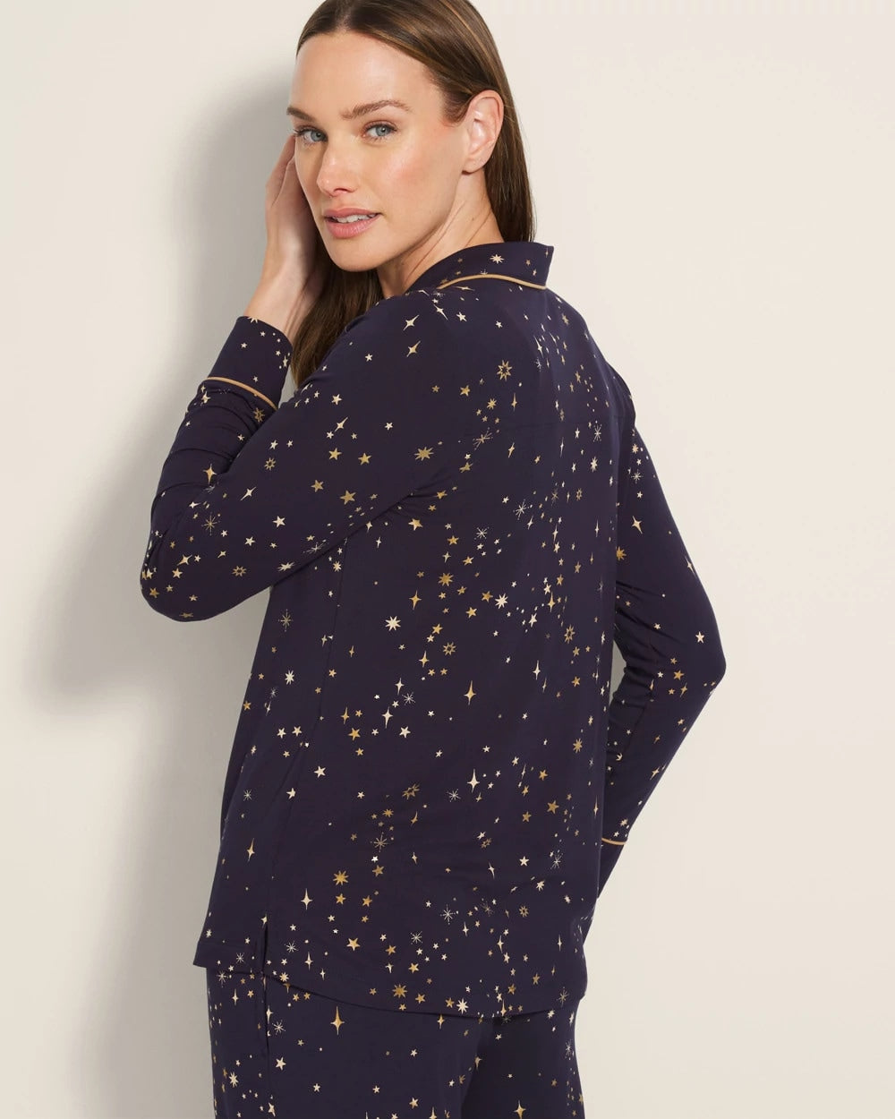 Long-Sleeve Printed Notch Collar Pajama Top - READY TO GLOW NAVY | Soma sale