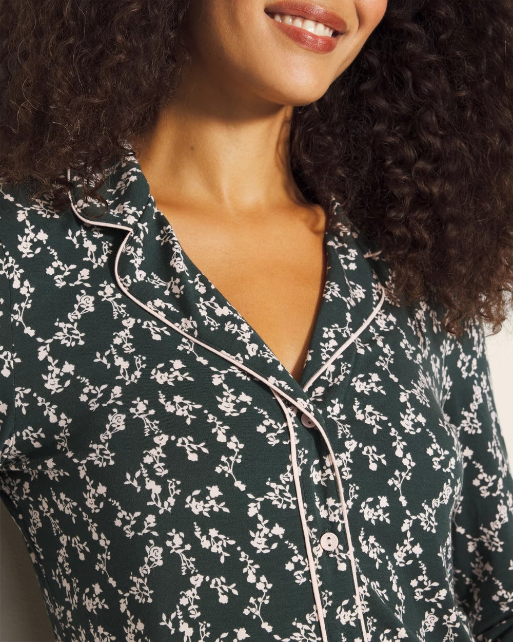 Long-Sleeve Printed Notch Collar Pajama Top - TINY PETALS DK EVERGLADE | Soma Online