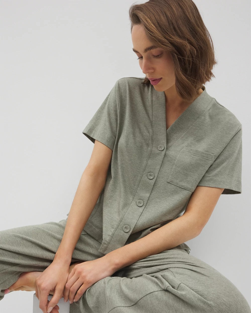 Button-Front Pajama Tee - HEATHER HIGHLANDS | Soma near me