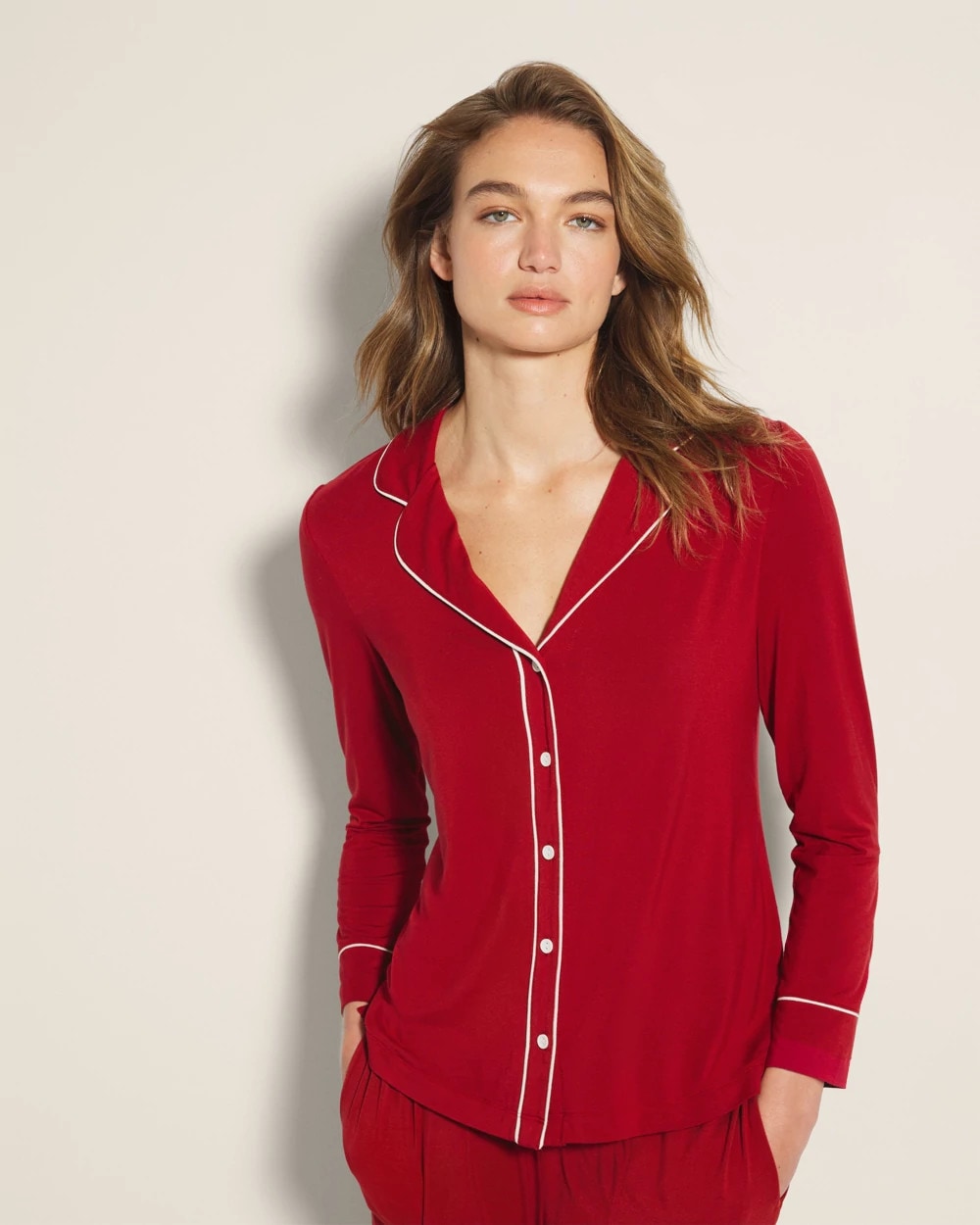 Long-Sleeve Notch Collar Pajama Top - PAINT THE TOWN RED | Soma sale