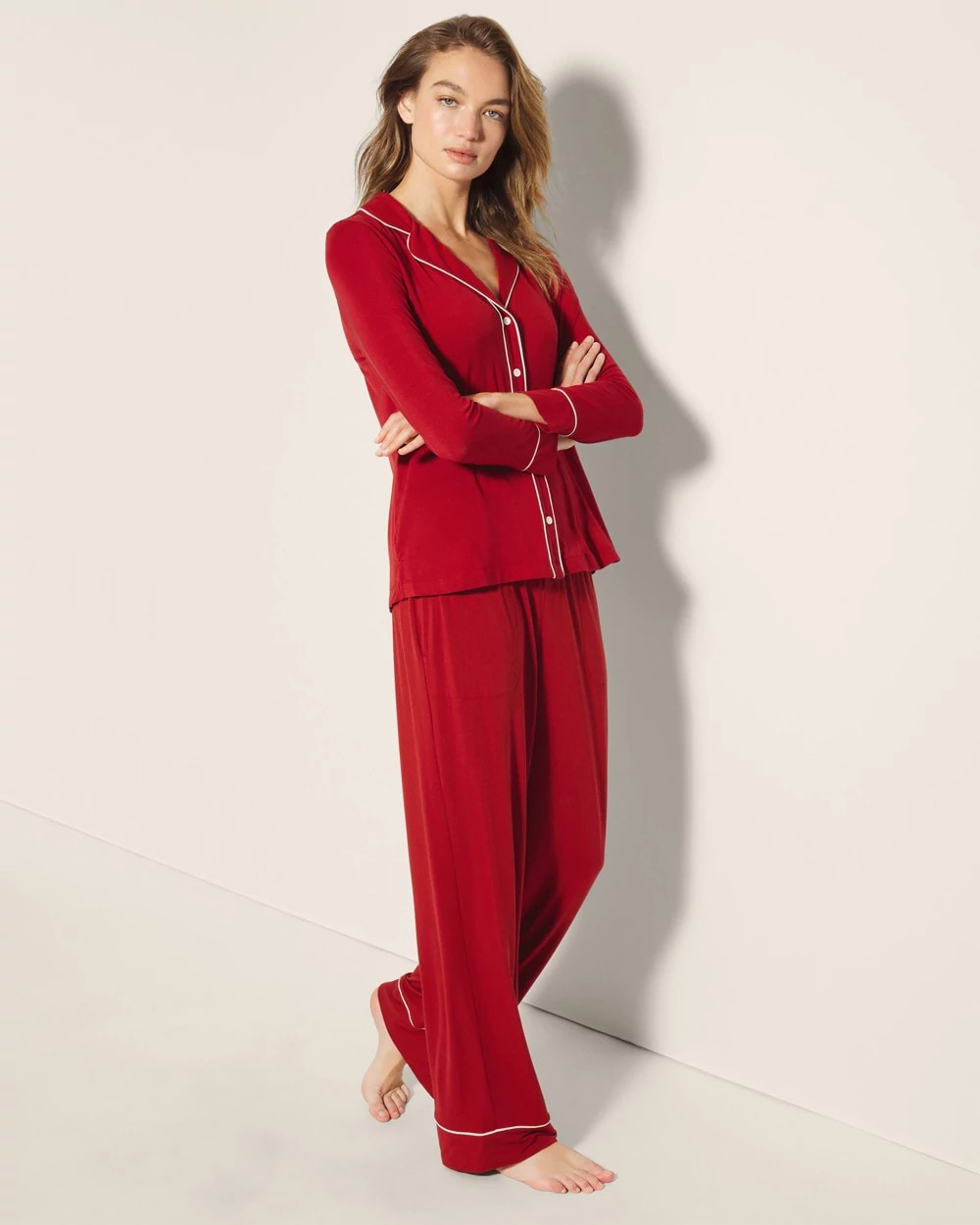 Long-Sleeve Notch Collar Pajama Top - PAINT THE TOWN RED | Soma sale