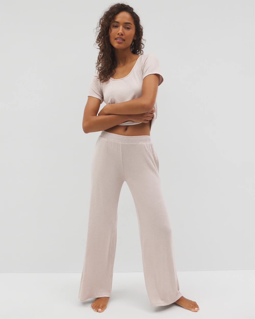 Lightweight Rib Knit Wide Leg Pajama Pants - HEATHER BARELY THERE | Soma Online