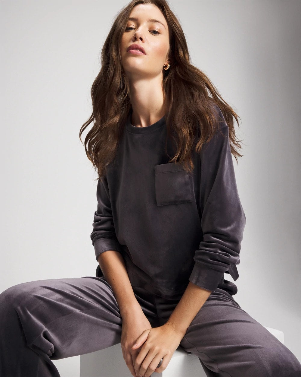 Velour Crewneck Sweatshirt - GRAY INK | Soma sale