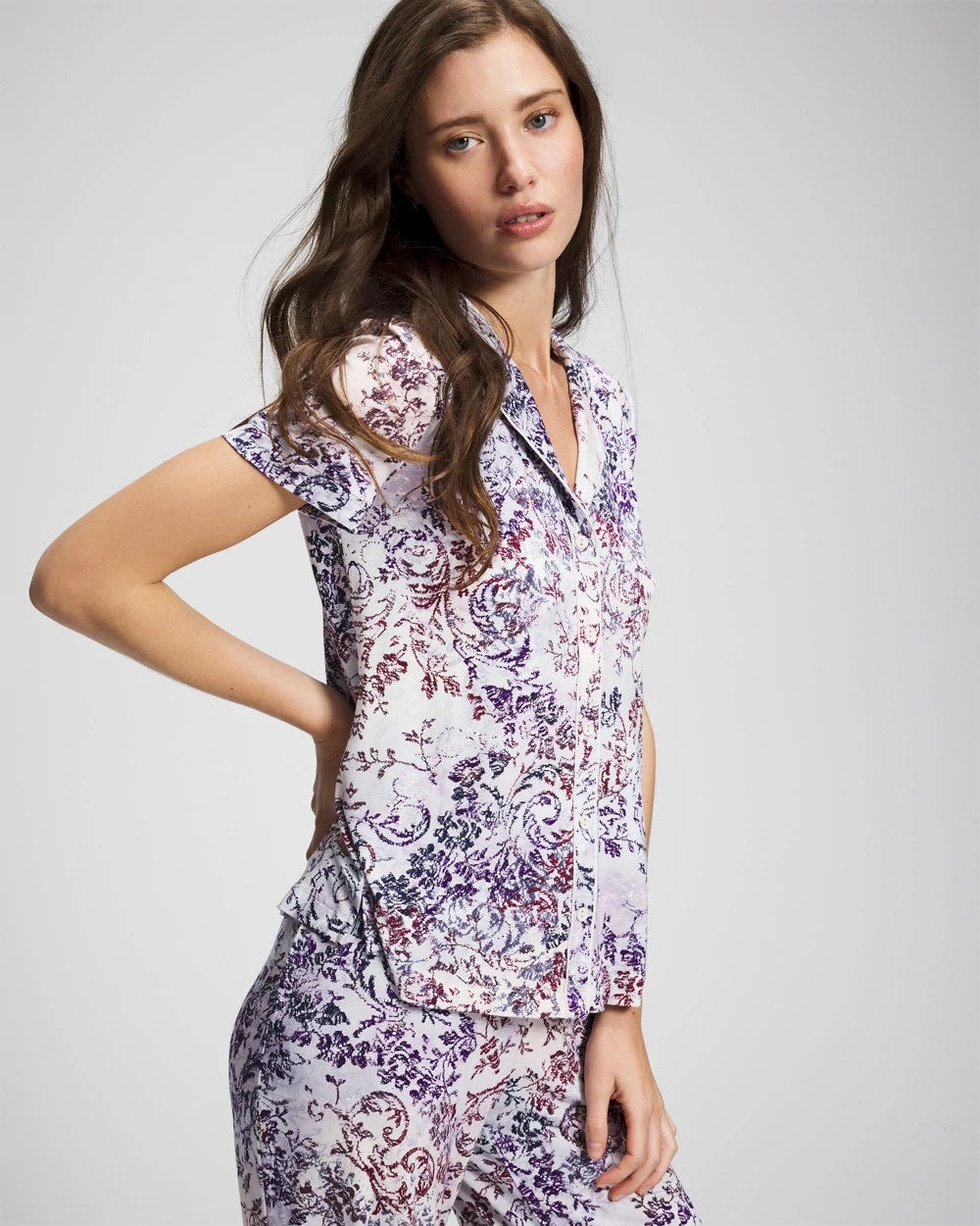Piped Short Sleeve Notch Collar Pajama Top - LACE HARMONY LILAC | Soma Online