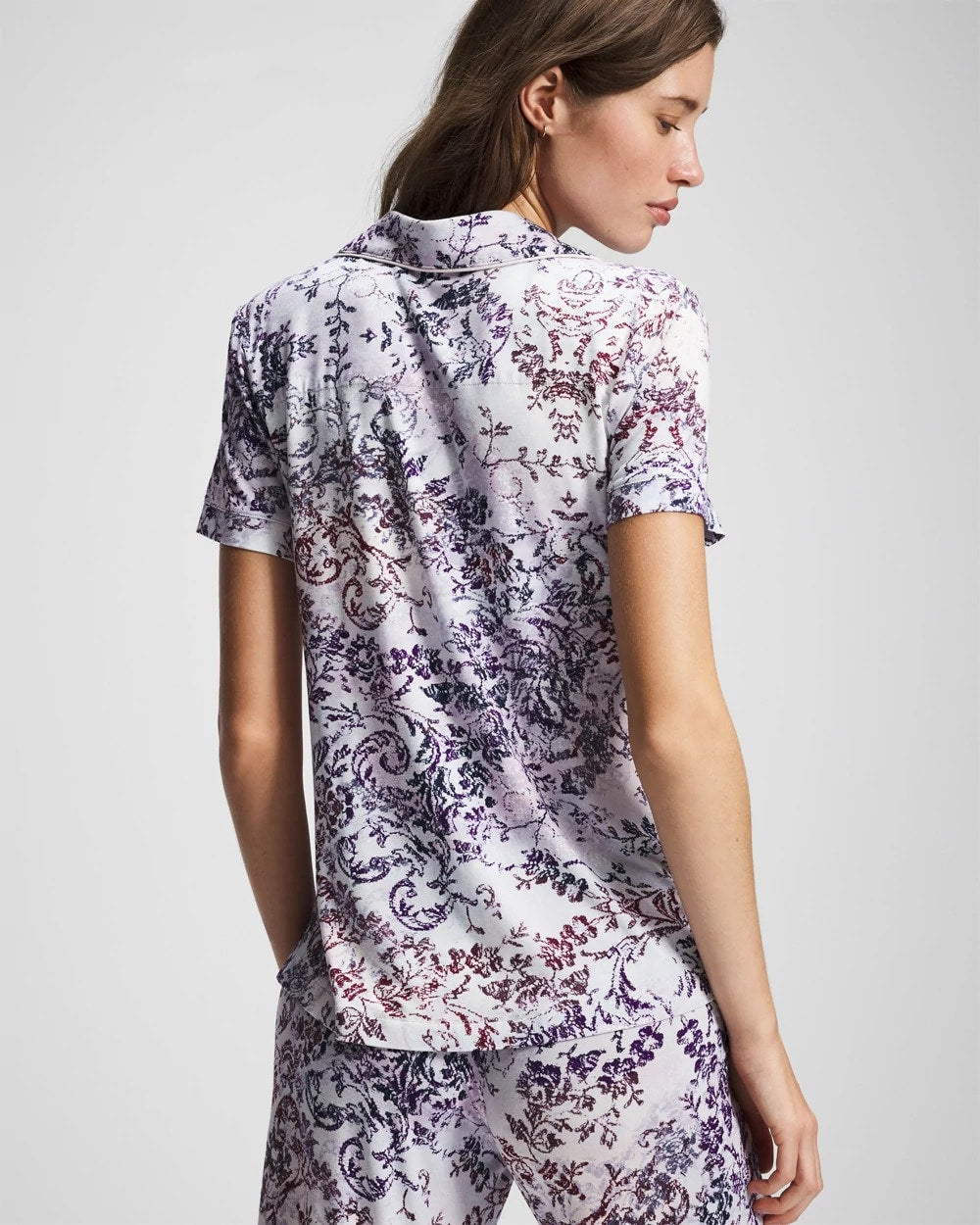 Piped Short Sleeve Notch Collar Pajama Top - LACE HARMONY LILAC | Soma Online