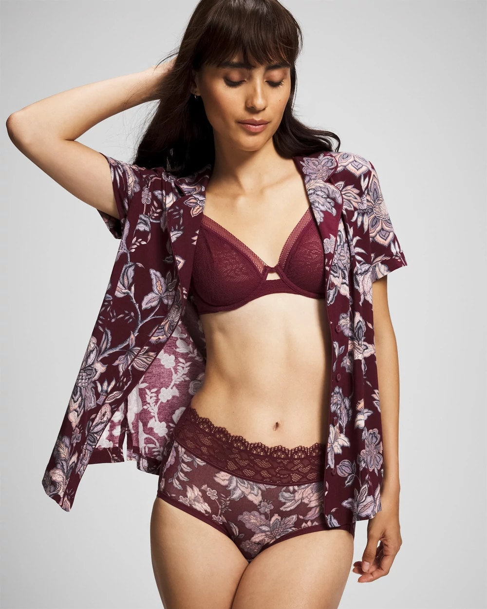 Piped Short Sleeve Notch Collar Pajama Top - PAISLEY SPLENDOR PLUM | Soma outlet