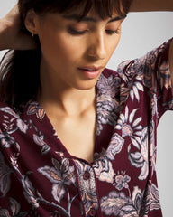 Piped Short Sleeve Notch Collar Pajama Top - PAISLEY SPLENDOR PLUM | Soma outlet