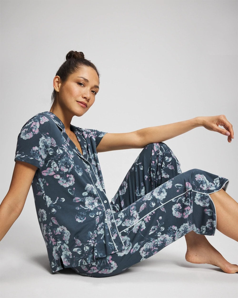 Piped Short Sleeve Notch Collar Pajama Top - FLORA SHIMMER PETROL | Soma near me
